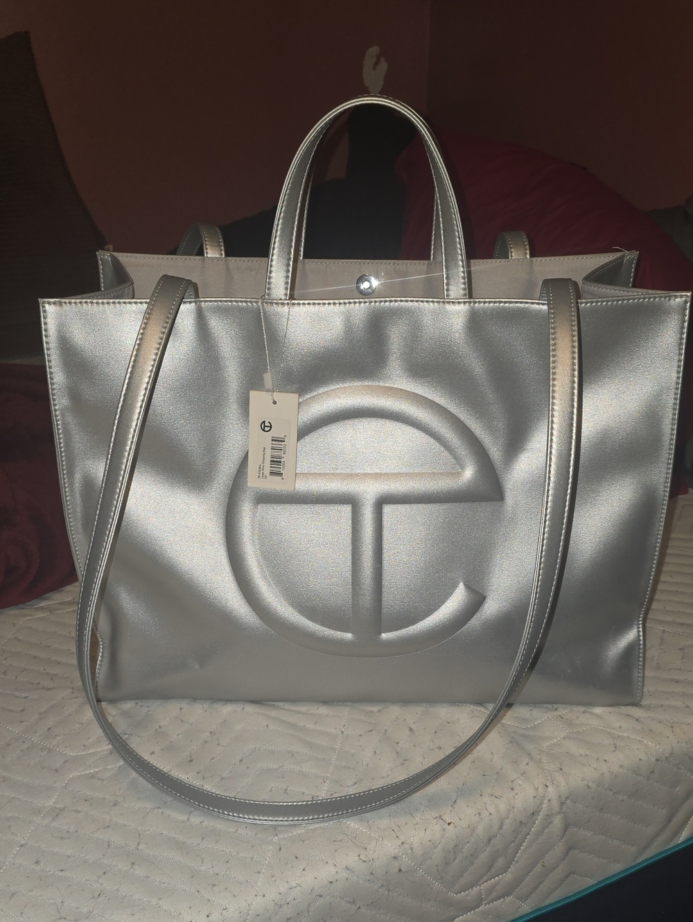 Telfar Silver Metallic Large Tote with Embossed Logo